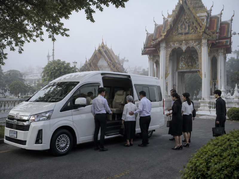 ครอบครัวไทยขึ้นรถตู้หน้าวัด เพื่อเหมารถตู้ไปลอยอังคาร